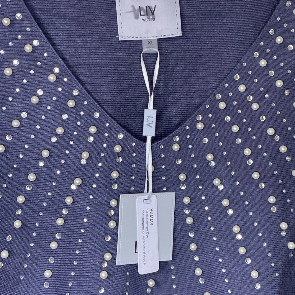 NWT Liv Milano V-neck Sweater Embellished with Rhinestones & Pearls Size XL - Picture 7 of 10